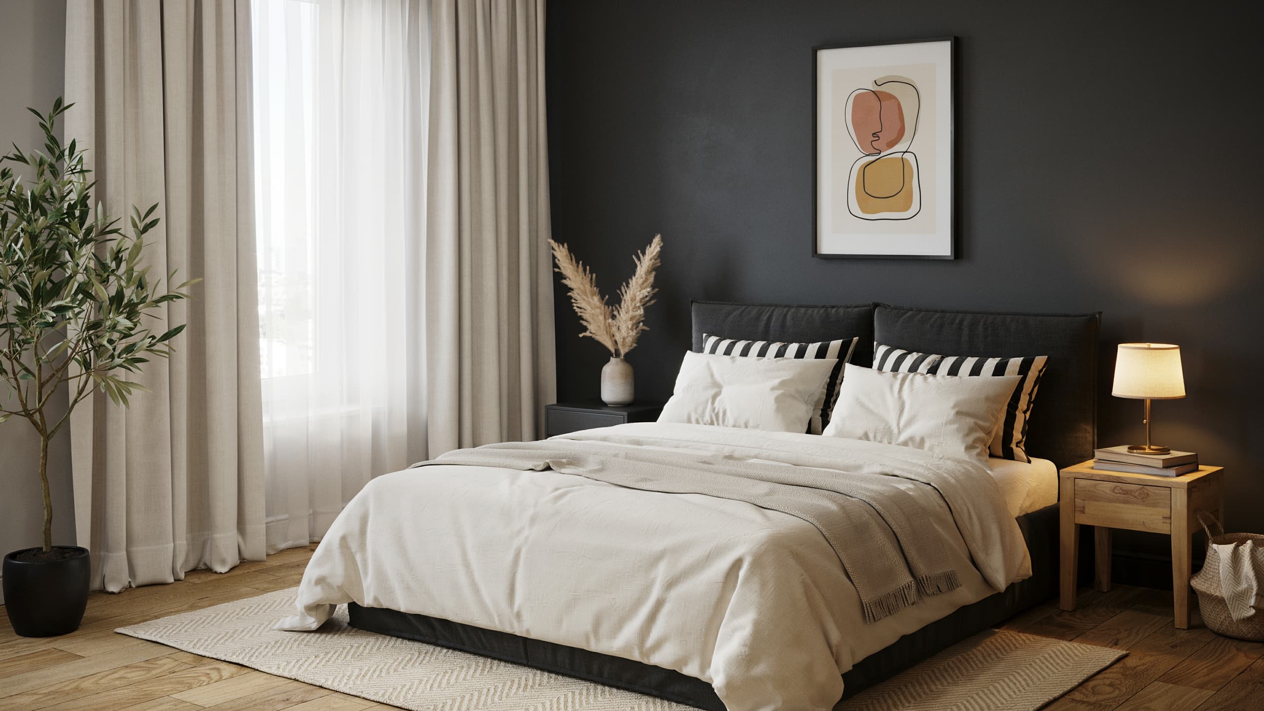 Cozy black and cream bedroom with soft neutral bedding and decor