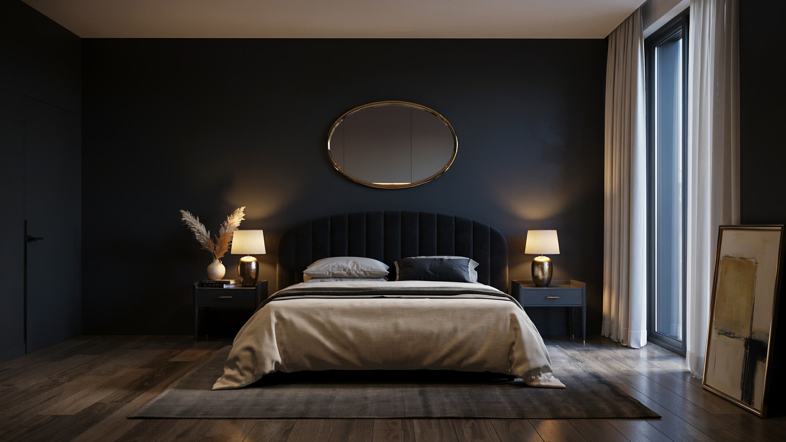 Luxury black and gold bedroom with brass accents and warm lighting