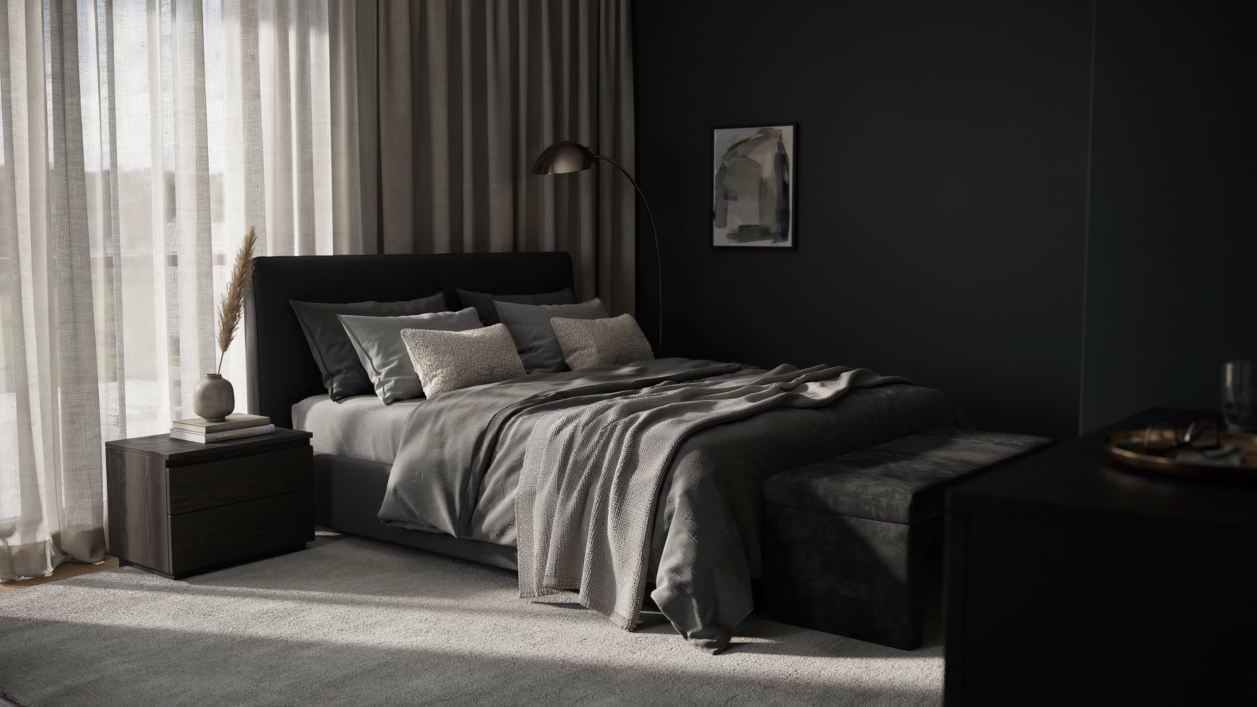 Modern black and gray bedroom with layered neutral shades
