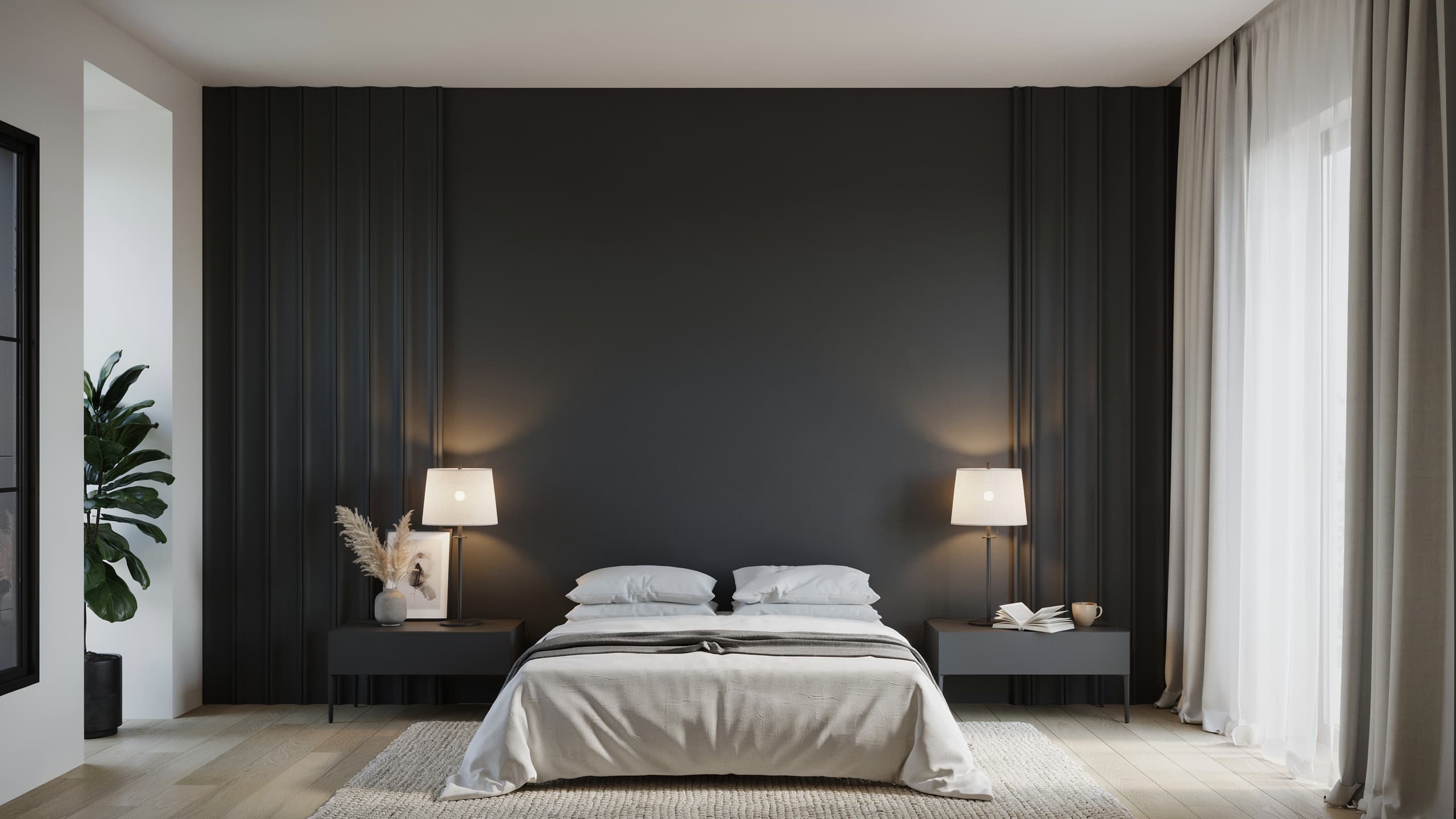 Modern black and white bedroom with crisp bedding and balanced dark walls