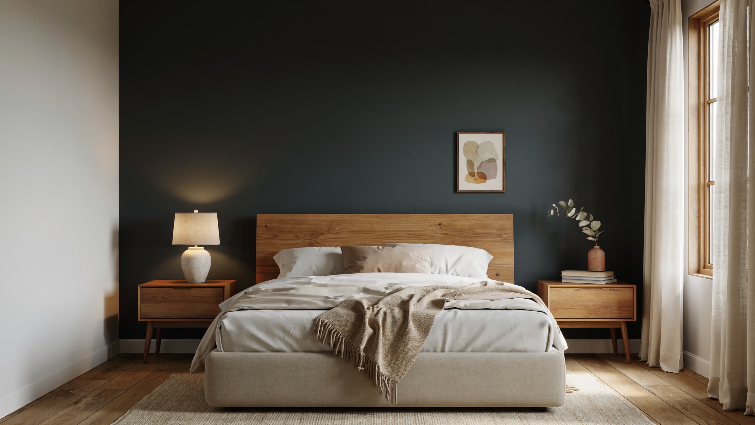 Black bedroom with warm wood furniture and natural textured accents