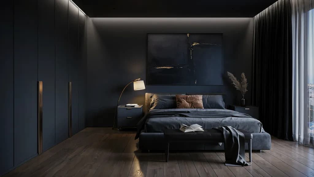 Luxury black bedroom with textured bedding, warm lighting, and elegant dark decor.