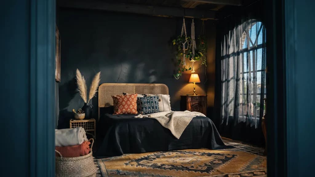 Black bohemian bedroom with plants, rattan furniture, and layered textures