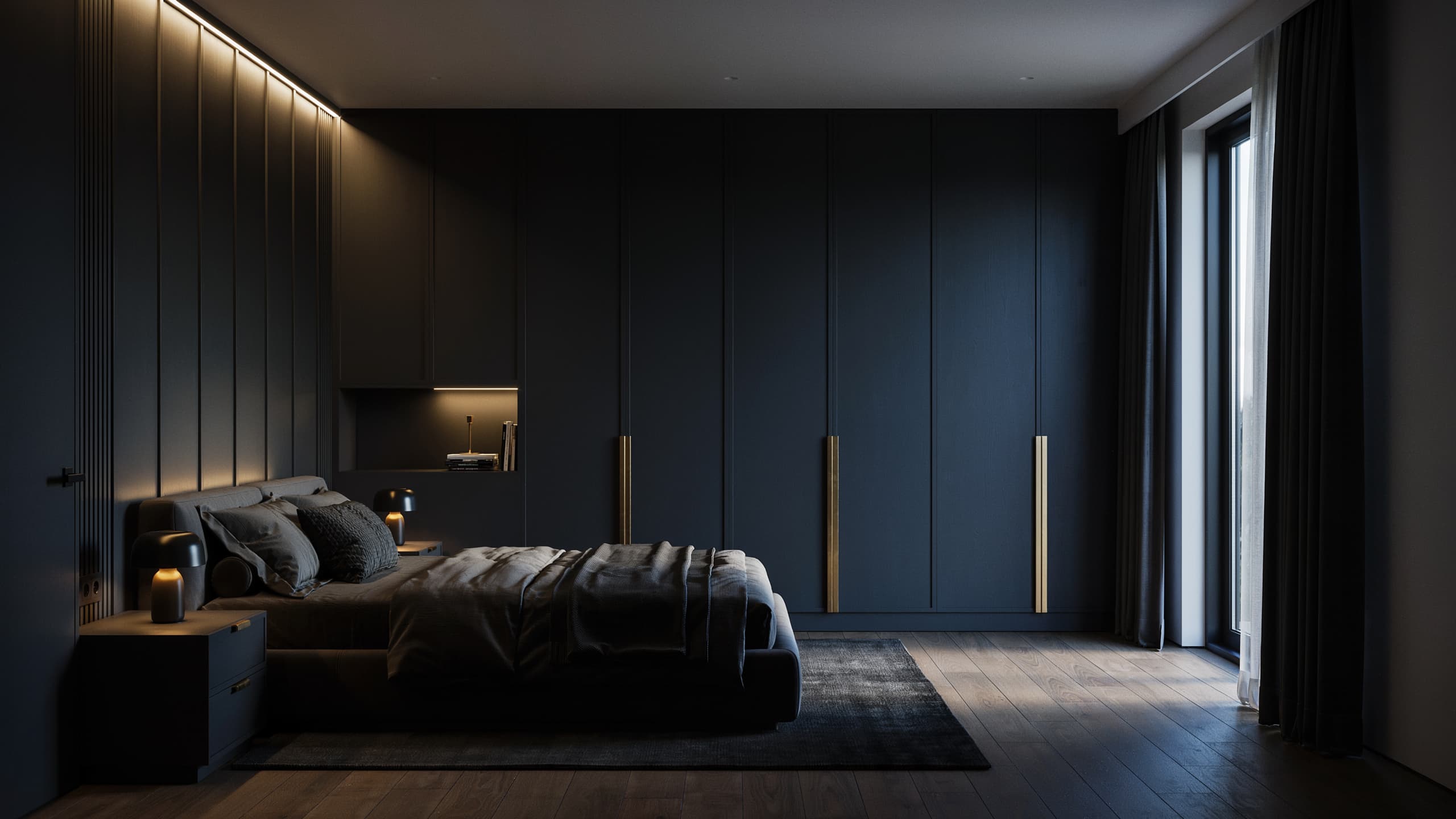 Modern black bedroom with built-in black wardrobe wall and lighting