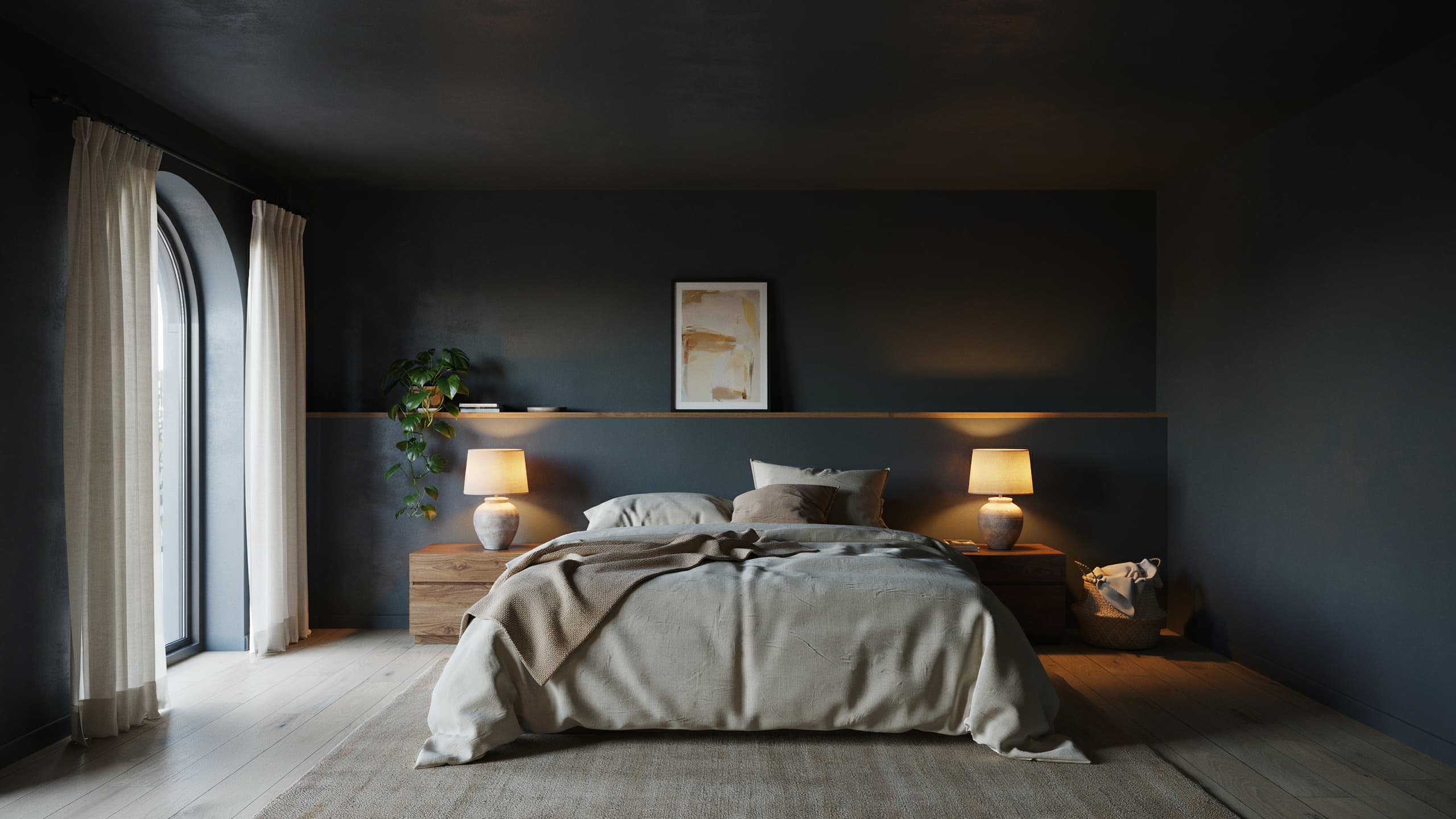 Cozy bedroom with black ceiling, warm lighting, and neutral bedding