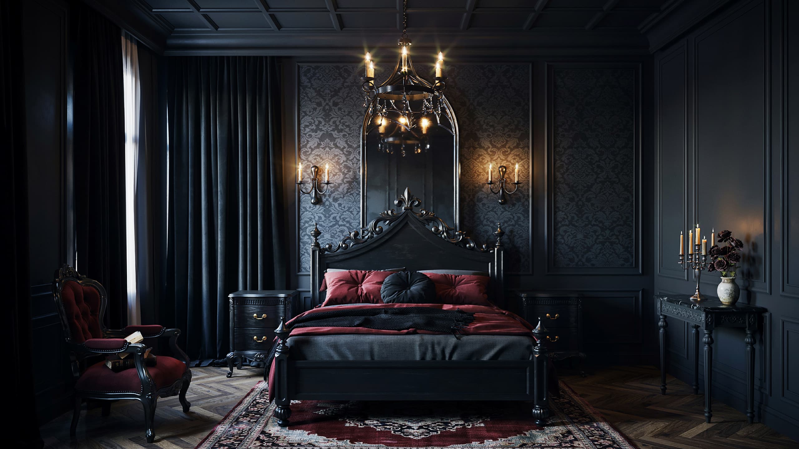 Gothic black bedroom with antique furniture and rich dark textures