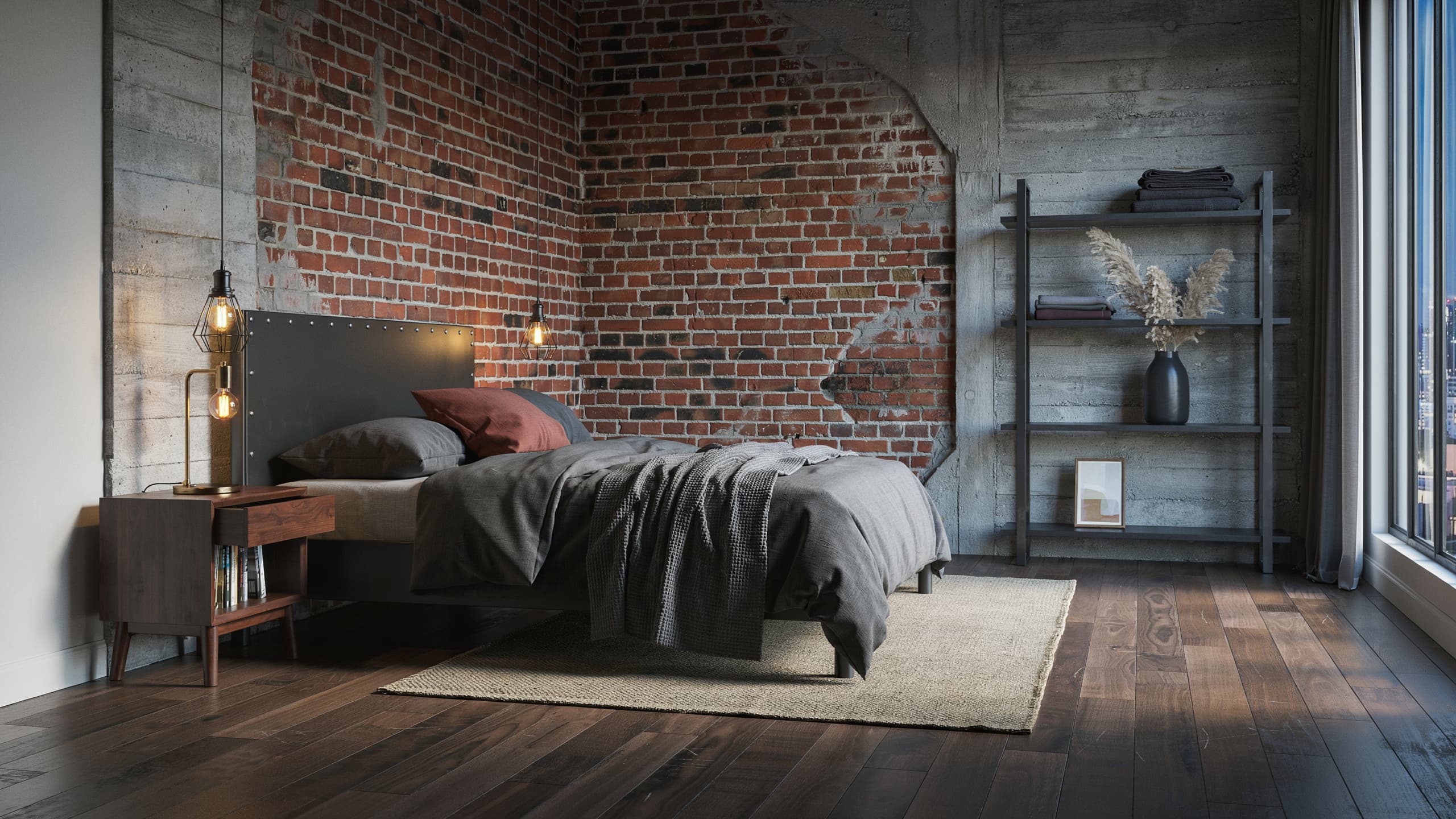 Industrial black bedroom with metal furniture and raw material details