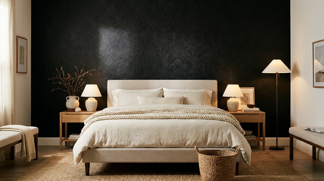Black patterned wallpaper bedroom wall with soft neutral furniture