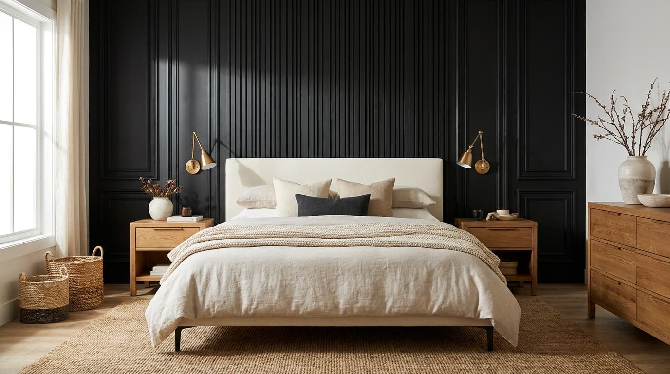 Black paneled bedroom wall with wood texture and warm neutral furnishings