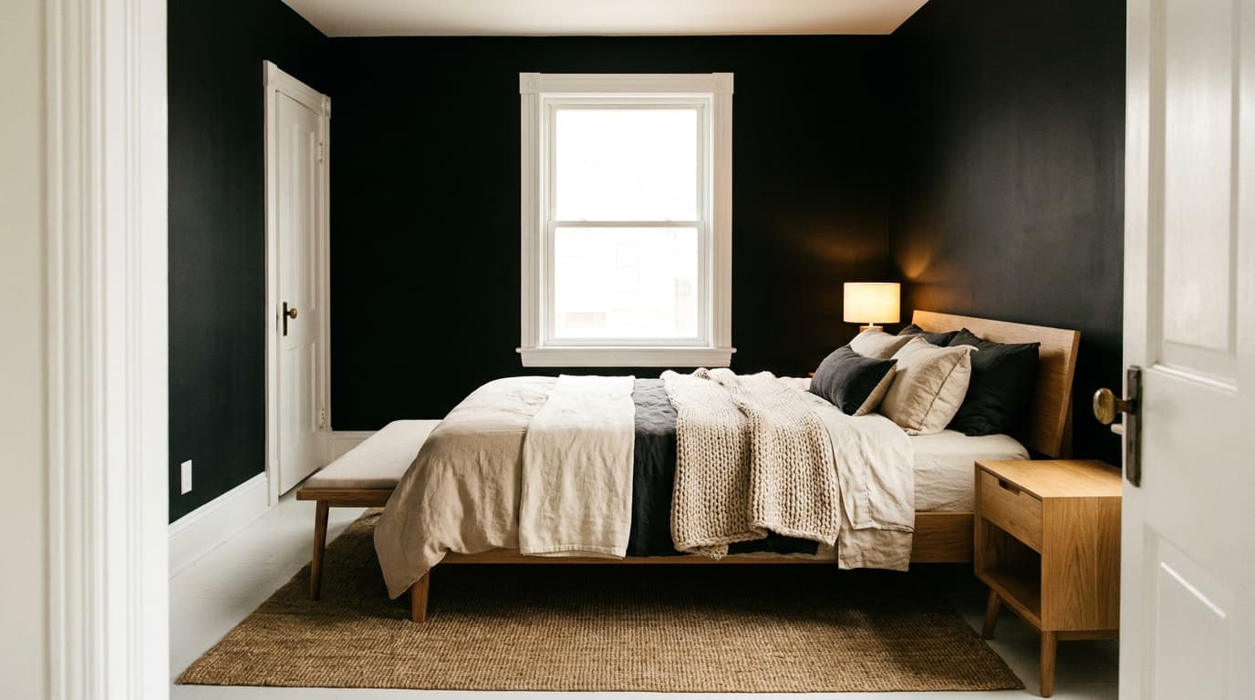 Black bedroom walls with white trim and balanced modern decor