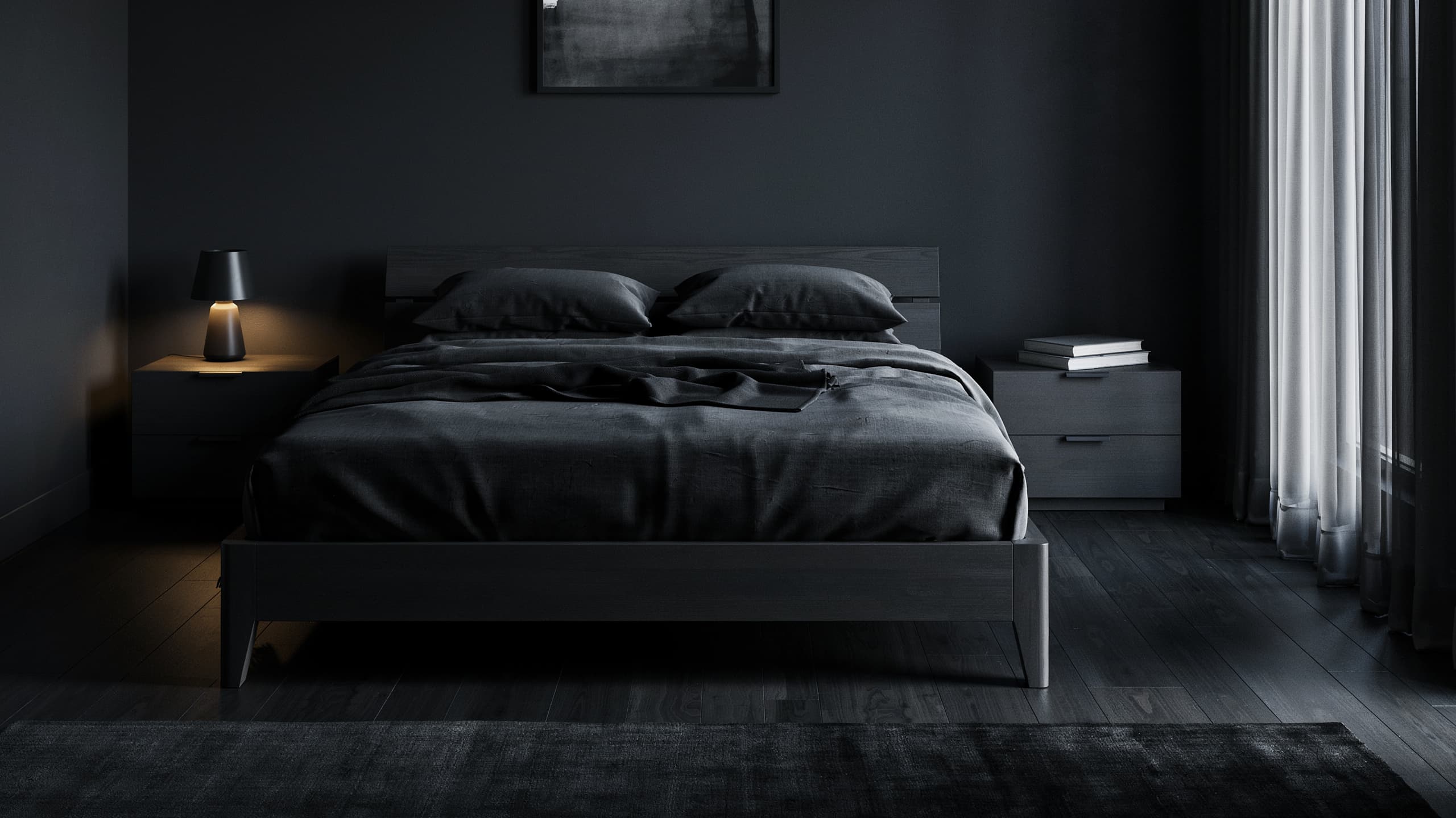 Minimal black bedroom with sleek wooden bed frame and dark furniture