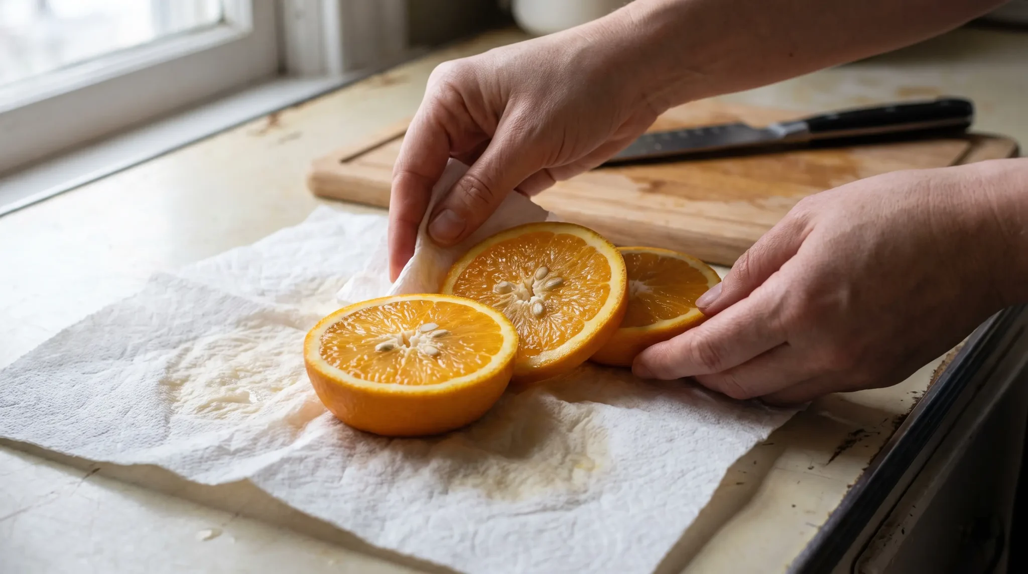Fresh orange slices being blotted with paper towels to remove excess moisture before drying.