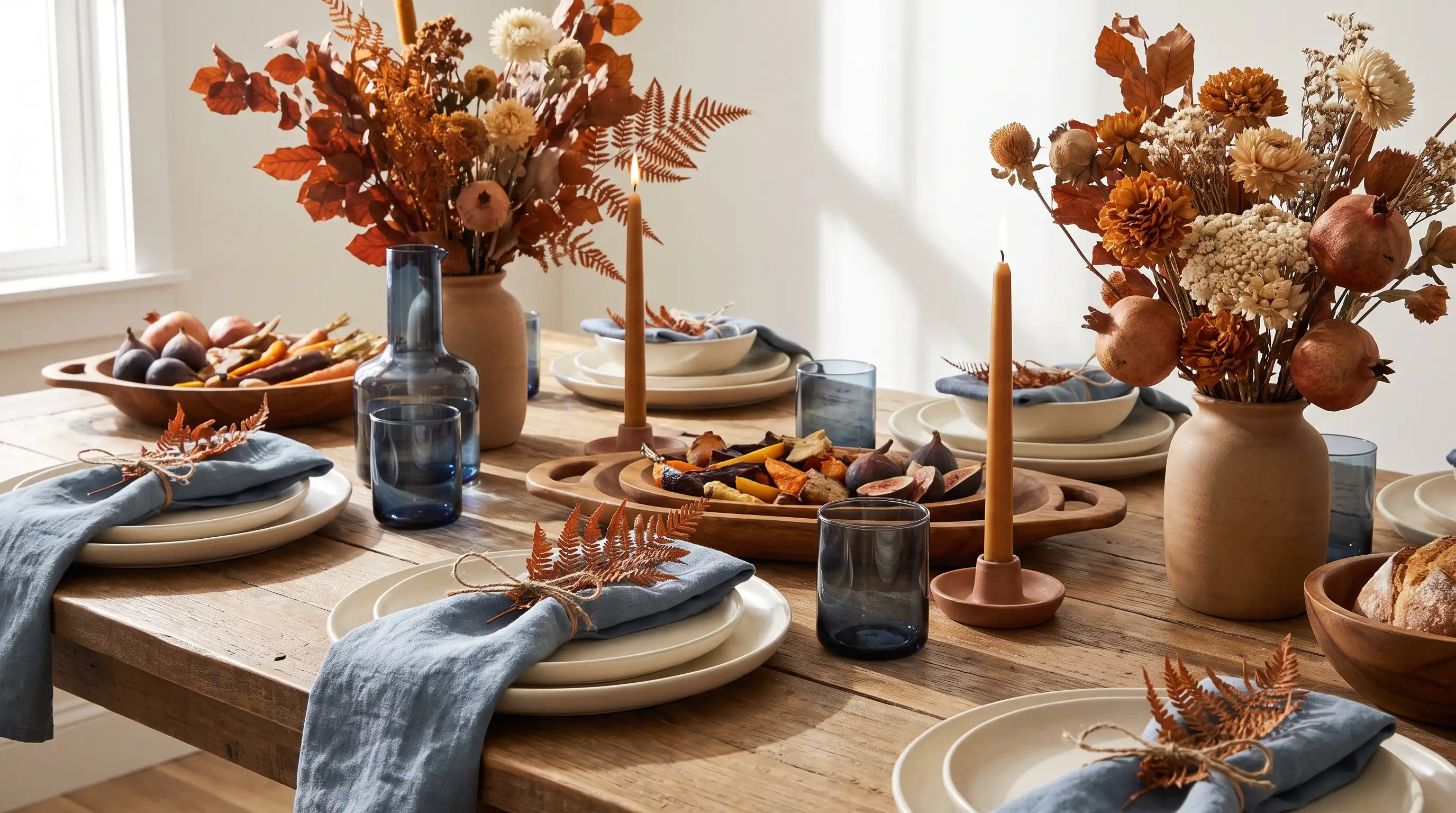 Autumn table with dusty blue linens, navy glassware, rust foliage, cream ceramics, and warm wood