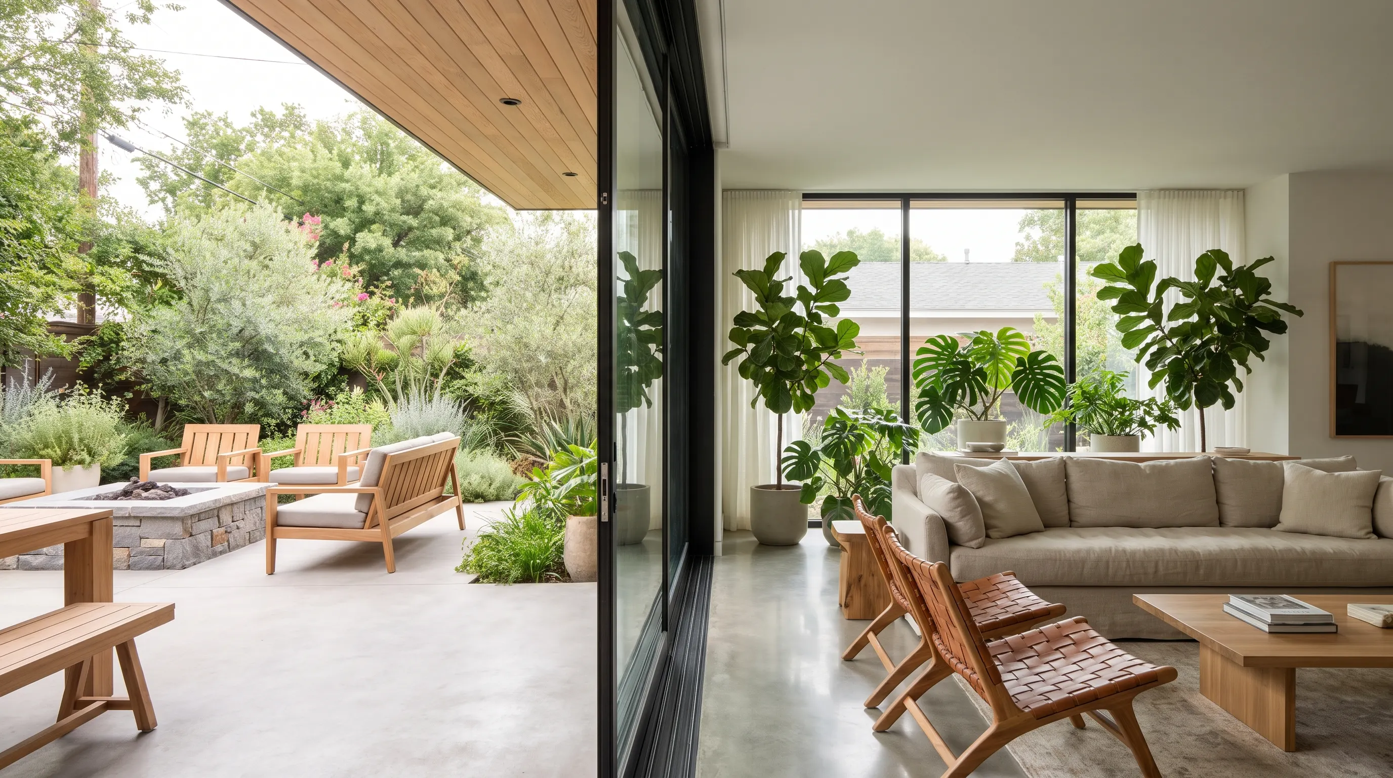 Indoor space with large windows, balcony greenery, and seamless outdoor connection.
