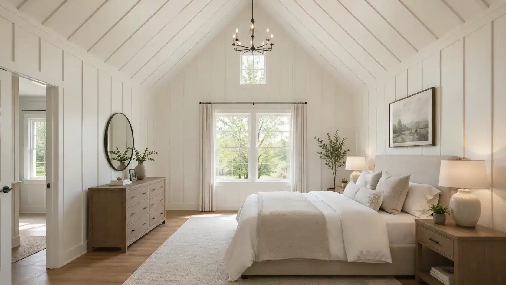 Bright bedroom with a vaulted ceiling and off-white board-and-batten detailing across the walls and slopes, paired with a neutral bed and natural wood furniture.