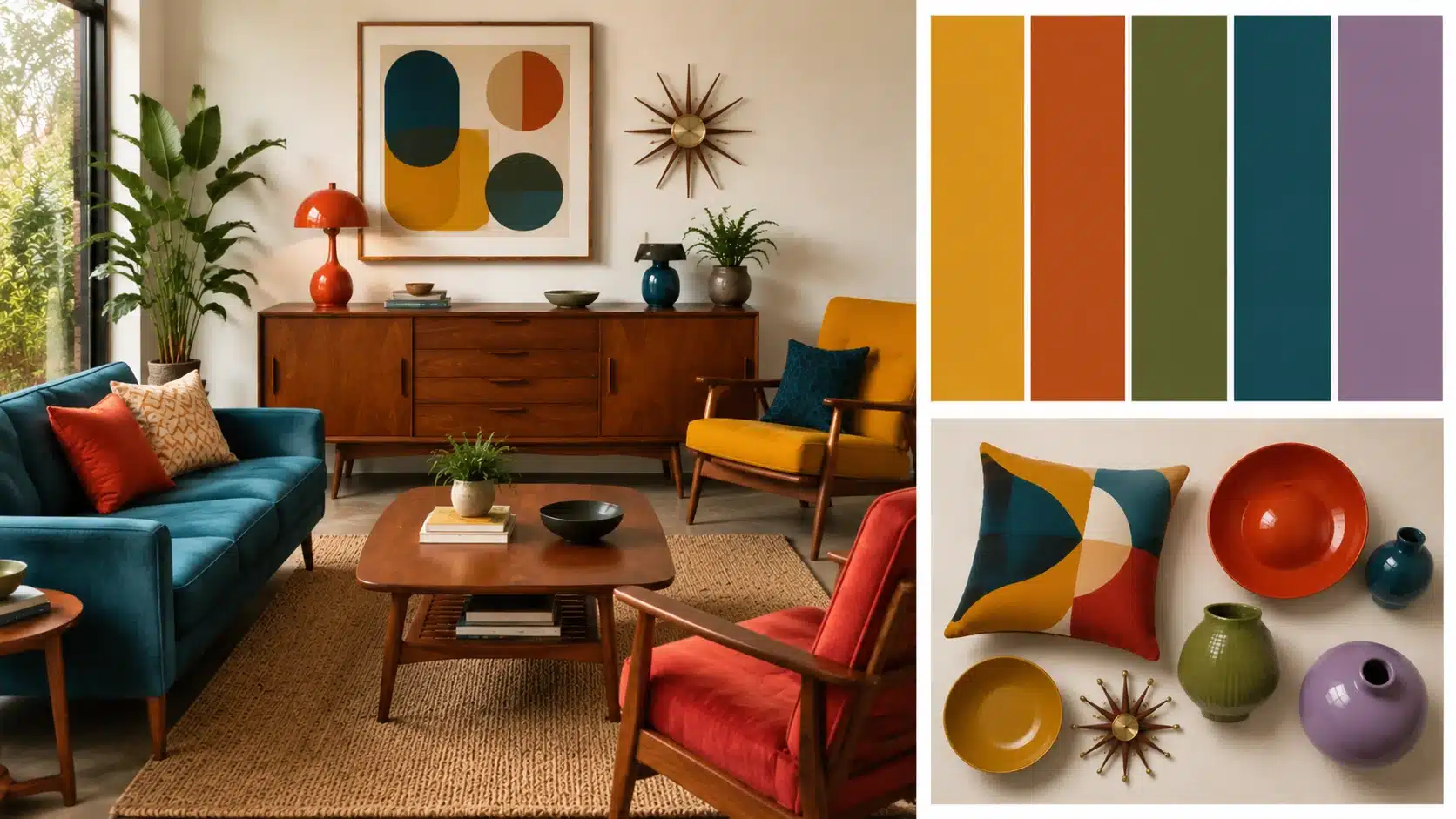 Mid-century modern room featuring bold accent colors like mustard, rust, olive, and terracotta with warm wood furniture.