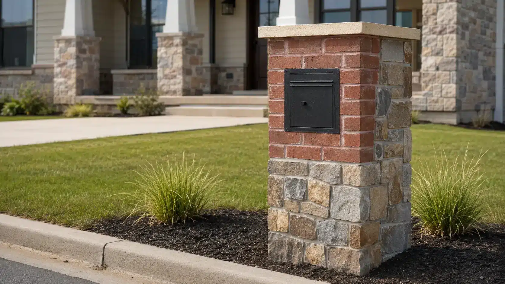 Brick and natural stone mailbox with a black metal insert and matching stone details on the nearby home.