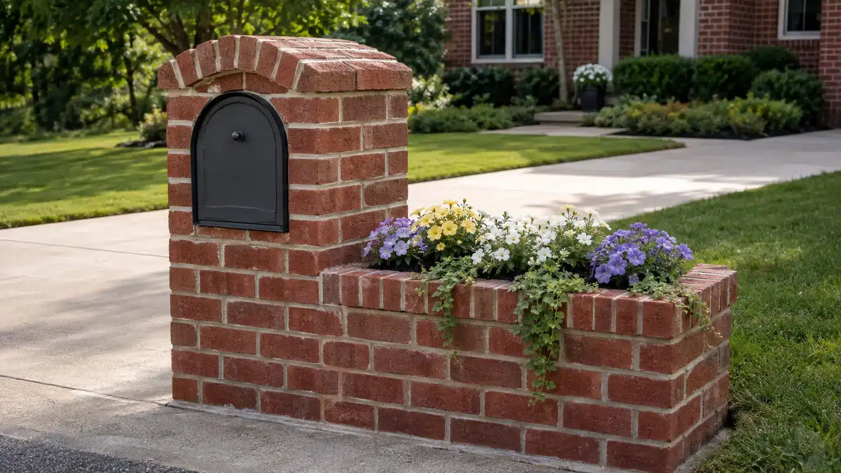 Red brick mailbox with a low built-in planter filled with compact flowers and trailing greenery