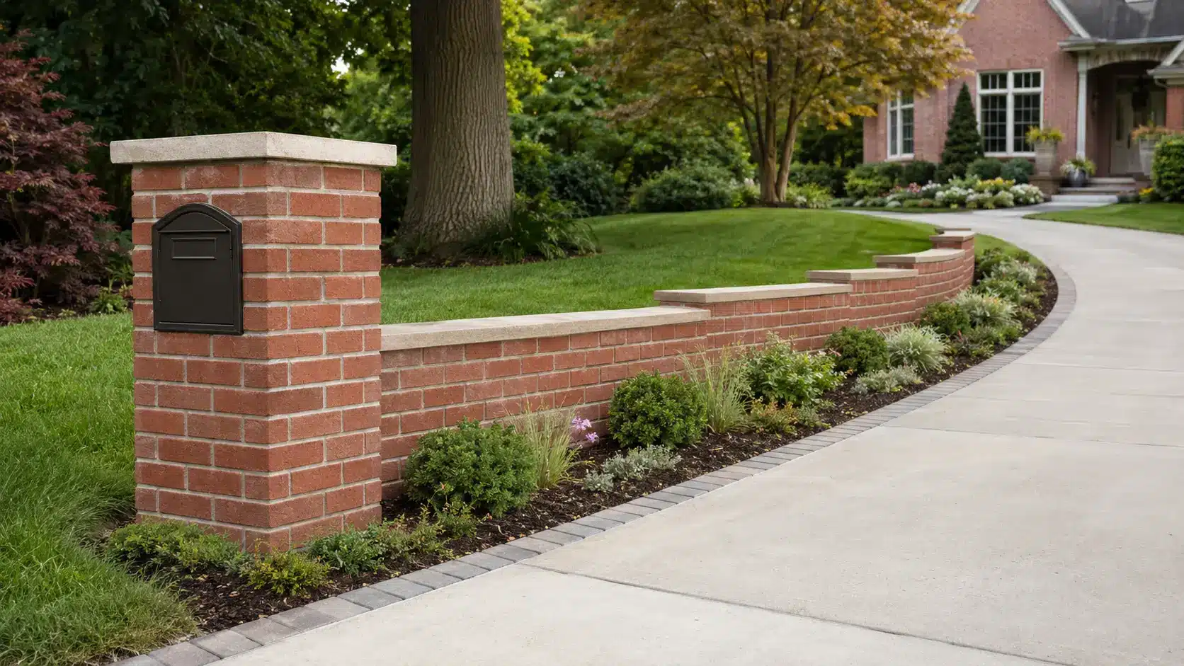 A red brick mailbox with a black metal insert stands beside a paver walkway, surrounded by matching brick edging, dark mulch, low flowers, and neatly trimmed shrubs in a landscaped front yard.