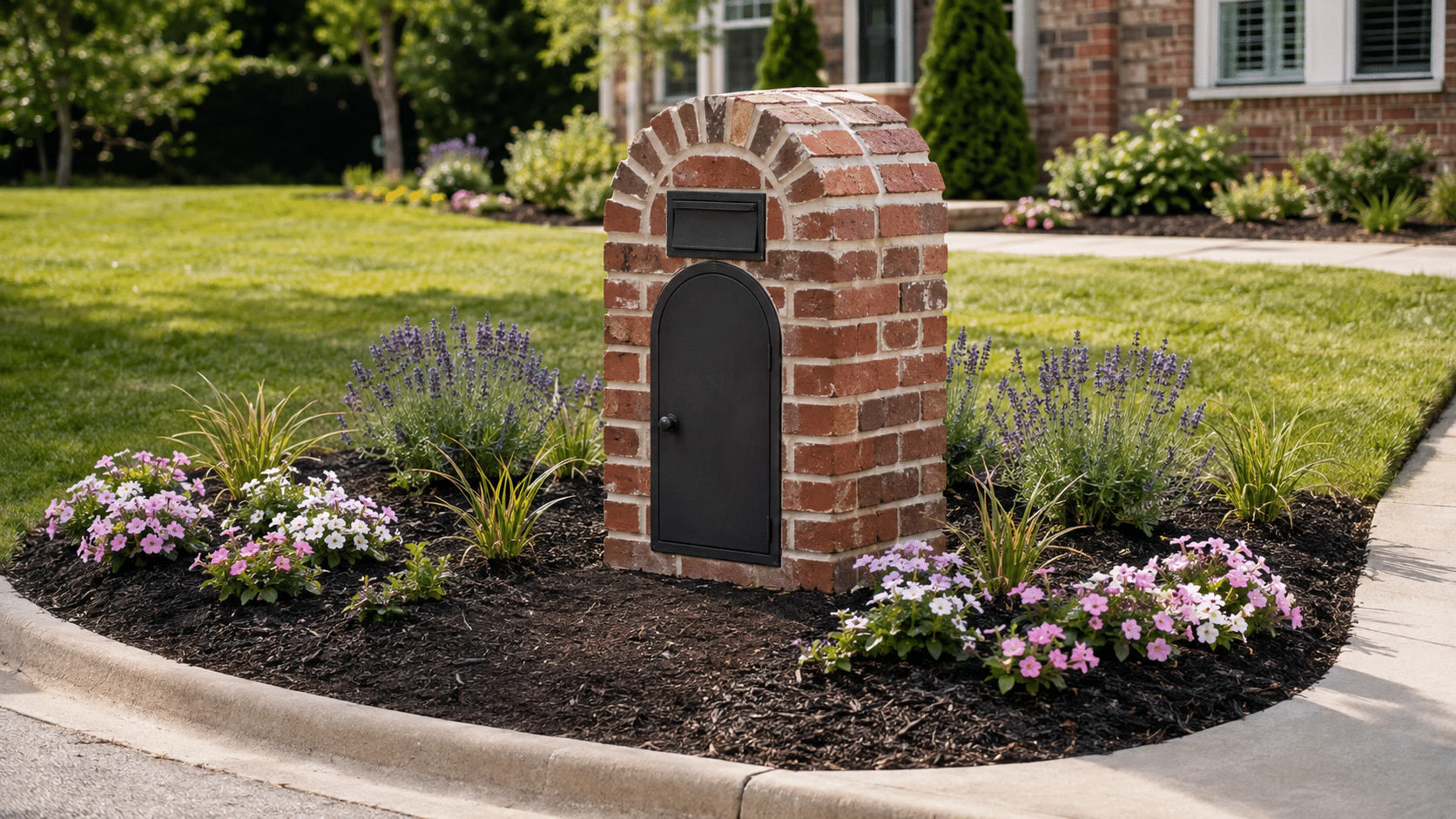 Arched red brick mailbox surrounded by a curved flower bed with lavender, pink flowers, and ornamental grasses.