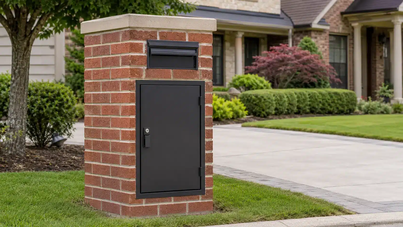 Tall brick mailbox with an upper mail slot and a large locking parcel door beside a landscaped residential driveway.