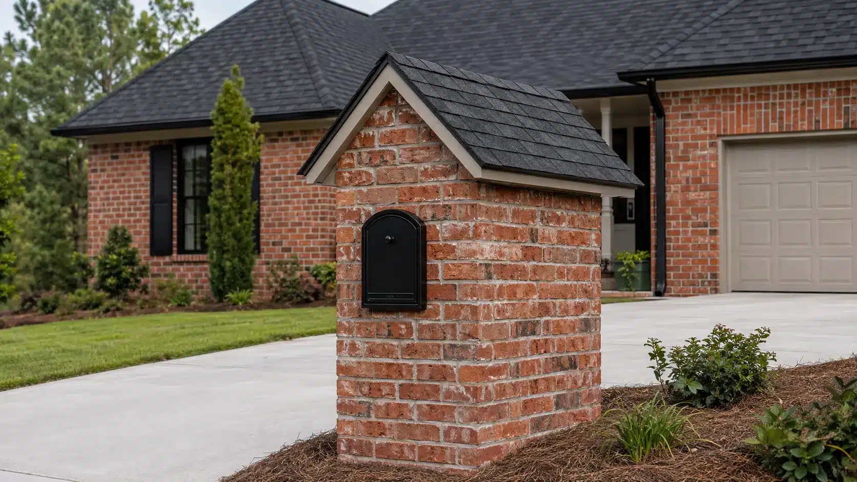 Brick mailbox with a small dark shingle roof and black metal insert beside a matching suburban home.