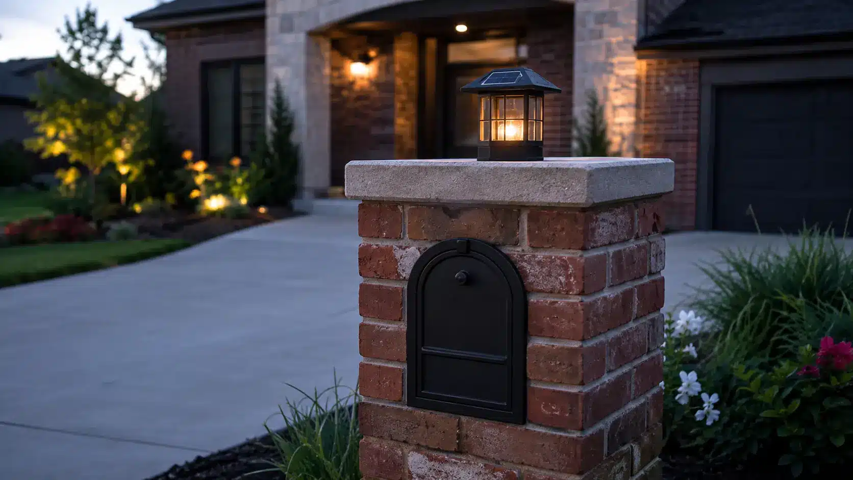 Brick mailbox with a glowing black solar lantern on its stone cap beside a landscaped driveway at dusk.