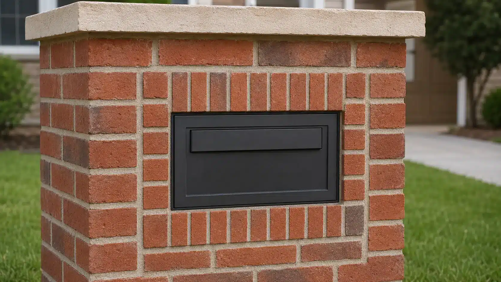 Red brick mailbox with a black metal insert, soldier-course brick border, and thick light stone cap