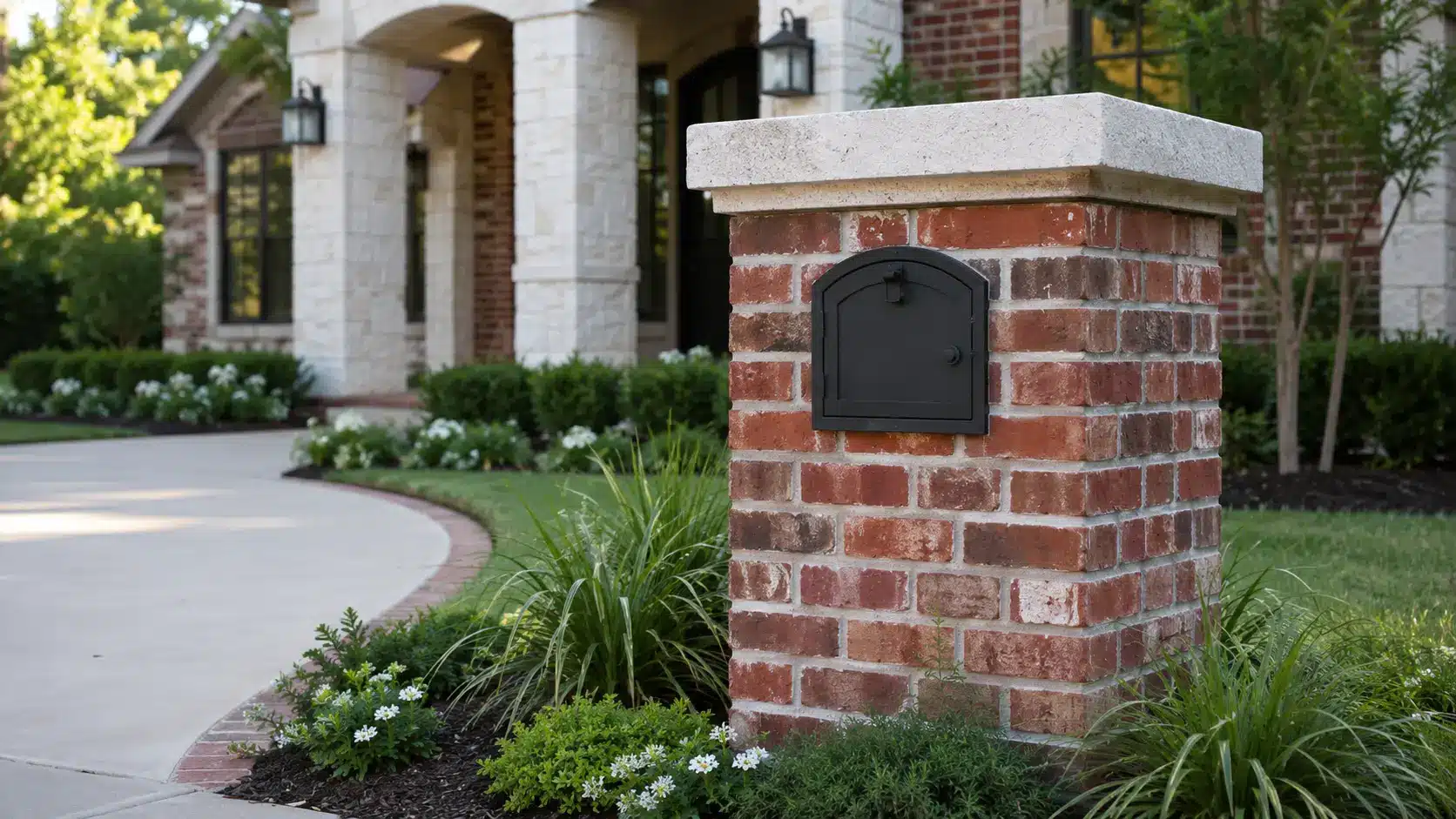 Red brick mailbox with a thick limestone cap, dark metal insert, natural landscaping, and matching stone porch details