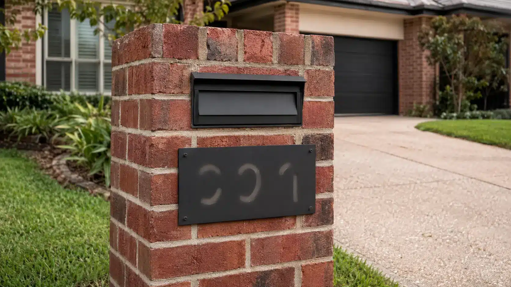 Red brick mailbox with a black metal insert and dark address plaque beside a landscaped suburban driveway.