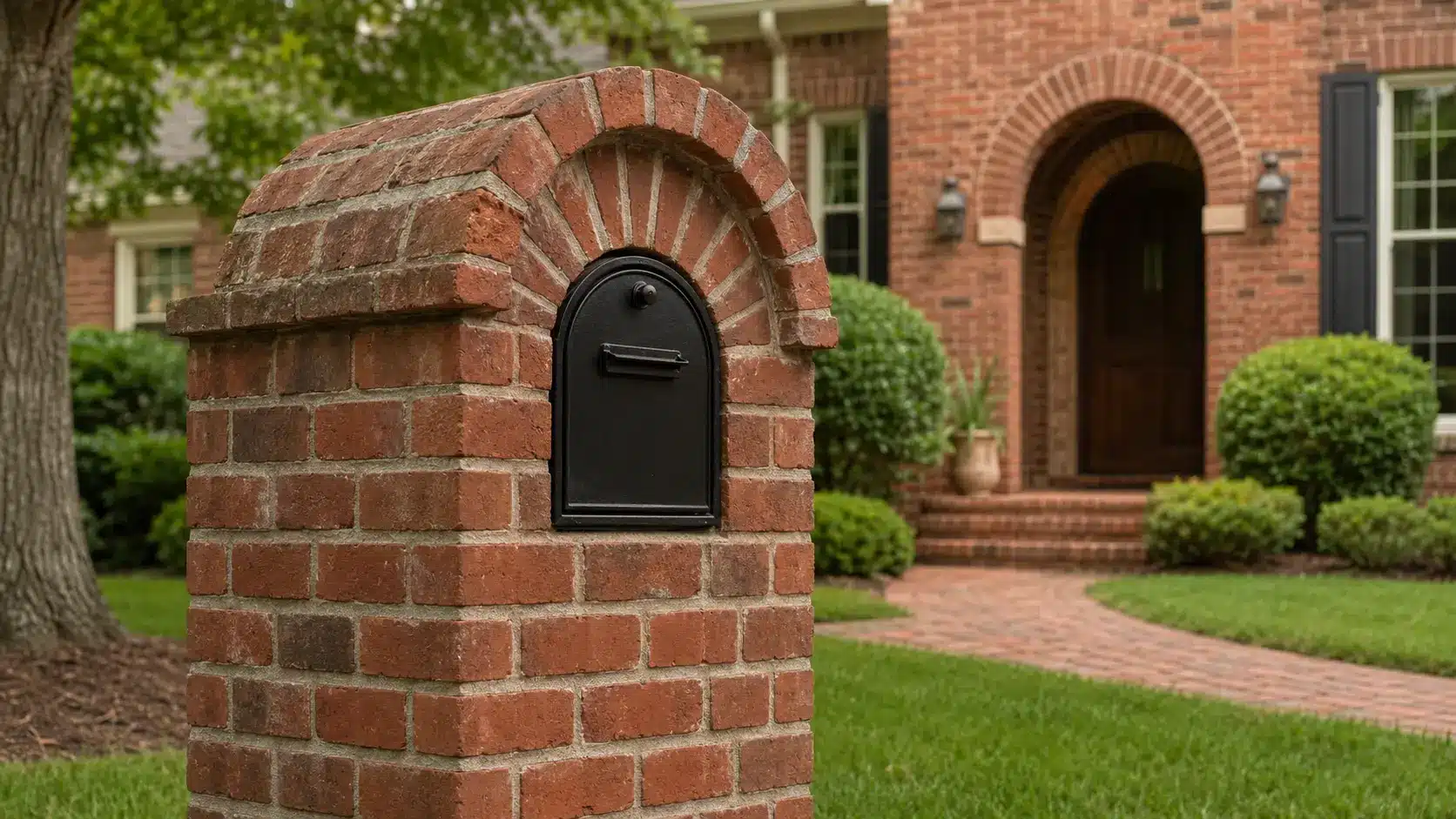 Warm red brick mailbox with a rounded arch and black metal insert matching the home’s arched doorway