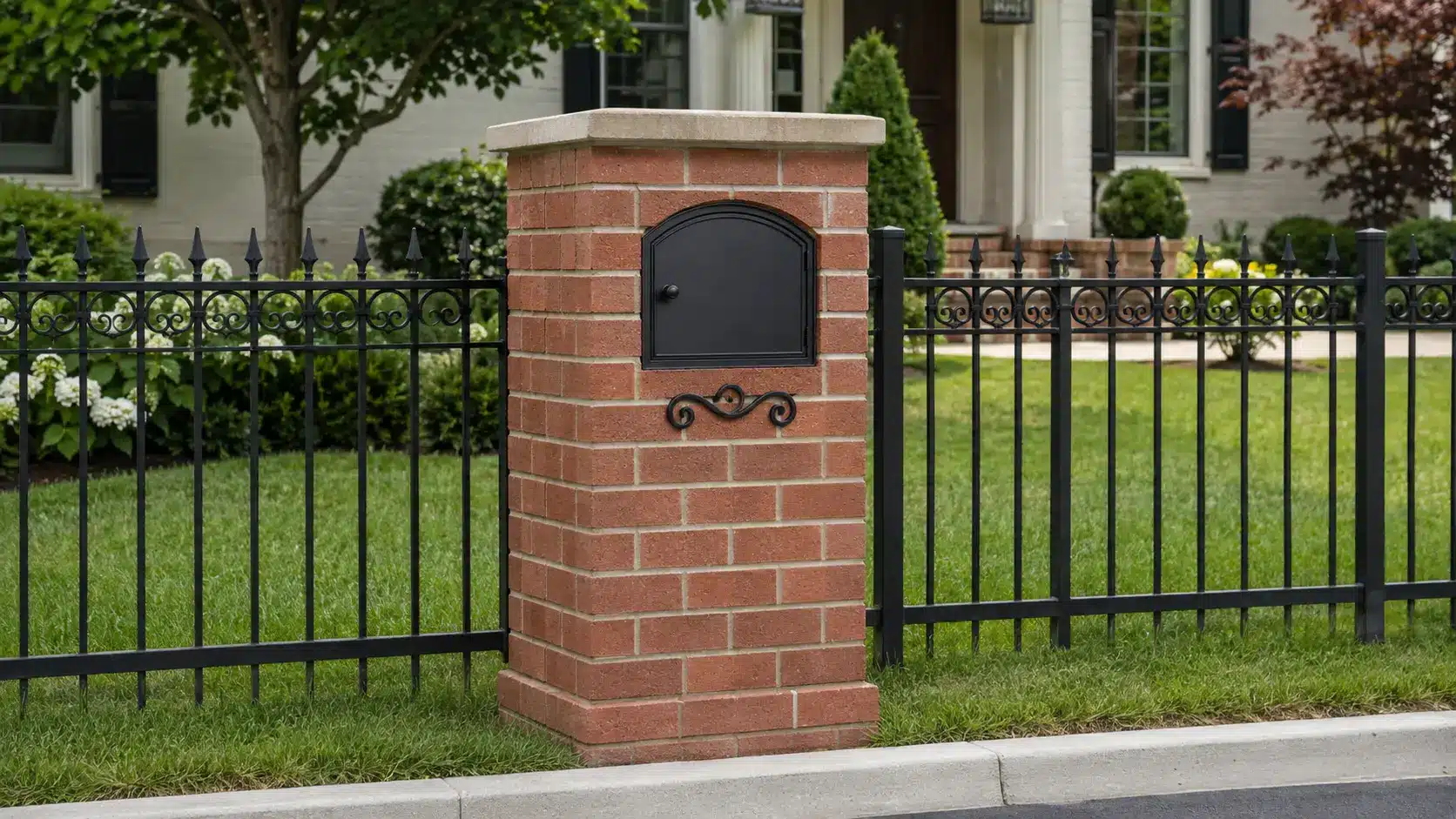 Red brick mailbox with a black metal insert and decorative iron scrollwork beside a matching wrought iron fence.