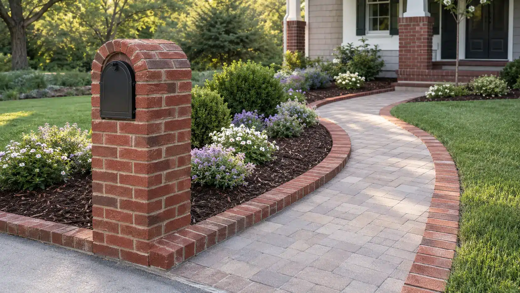 Brick mailbox beside a curved paver walkway with matching brick edging, flowers, shrubs, and dark mulch.