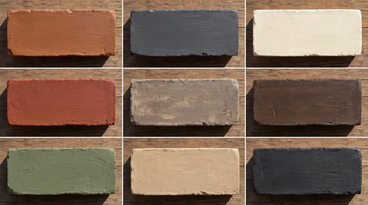 Nine brick stain colors displayed on individual bricks, including red, gray, white, brown, sage, and black.