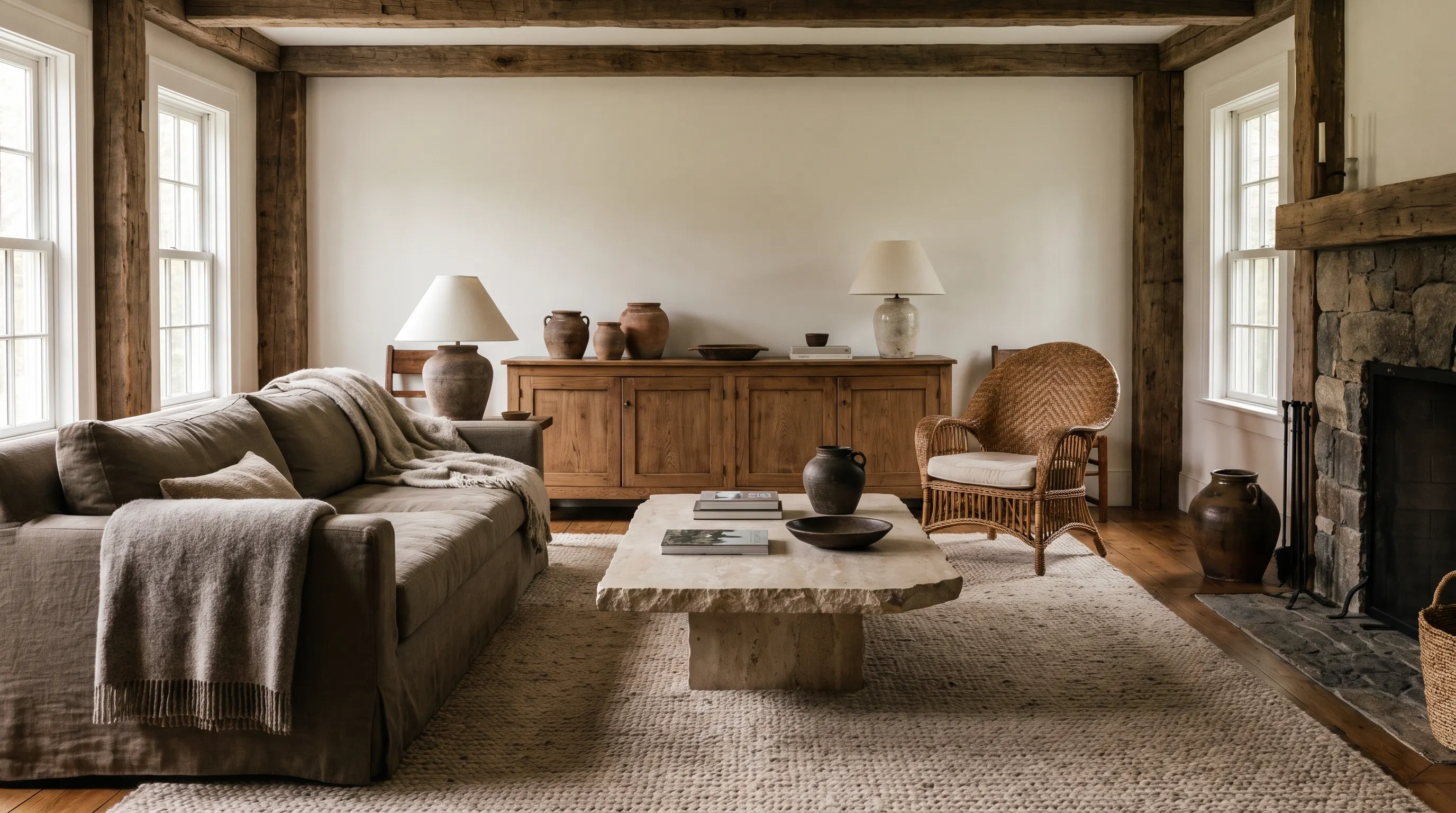 Interior with wood, stone, linen, rattan, and organic textures in biophilic style.
