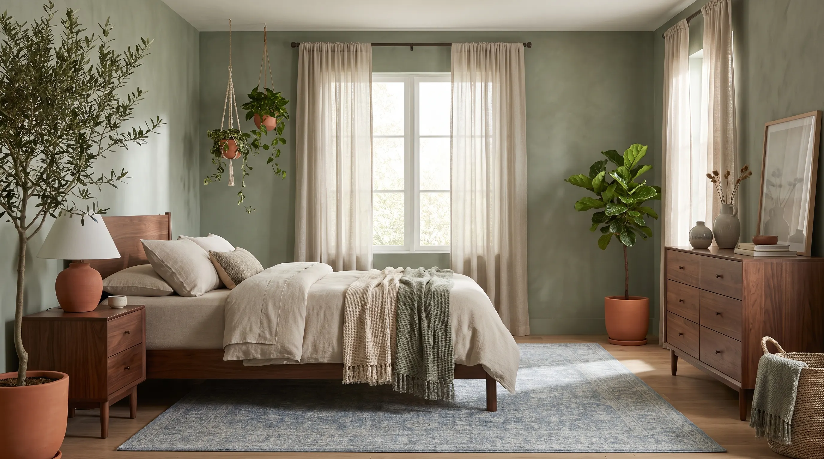 Nature-inspired interior with sage green, earthy tones, wood accents, and soft colors.