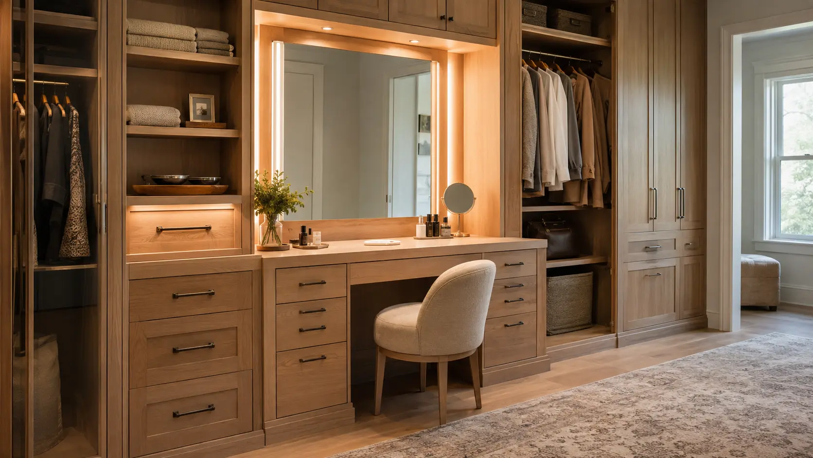 Built-in closet vanity with wood drawers, a lighted mirror, skincare containers, and a comfortable upholstered stool.
