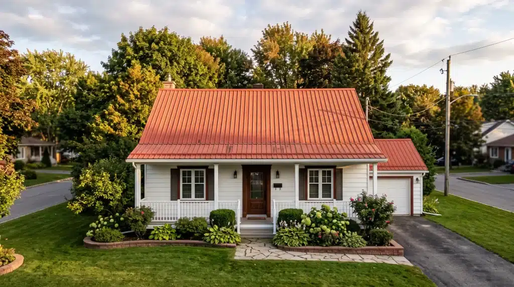 Single-storey suburban home with a terracotta-red corrugated metal roof in warm afternoon light.