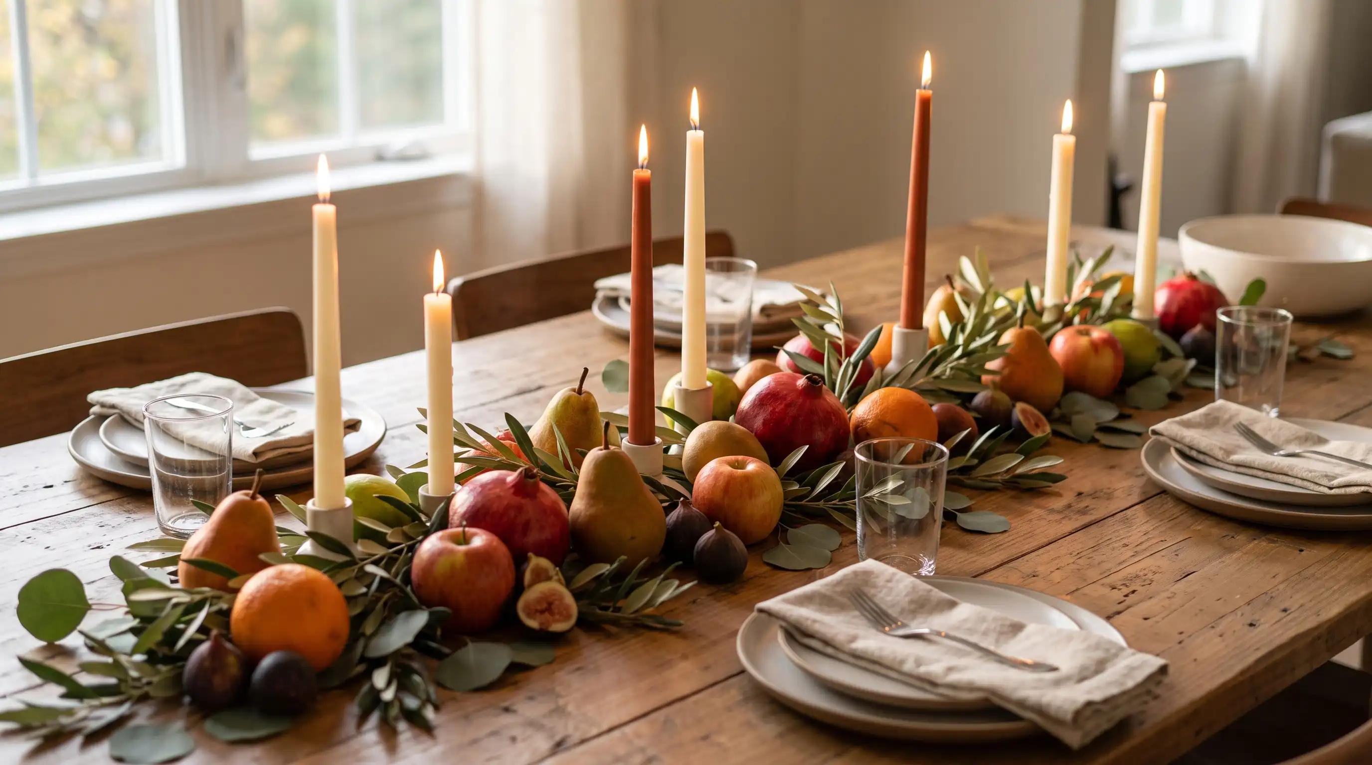 Fall table with apples, pears, figs, pomegranates, greenery, taper candles, and simple dinnerware