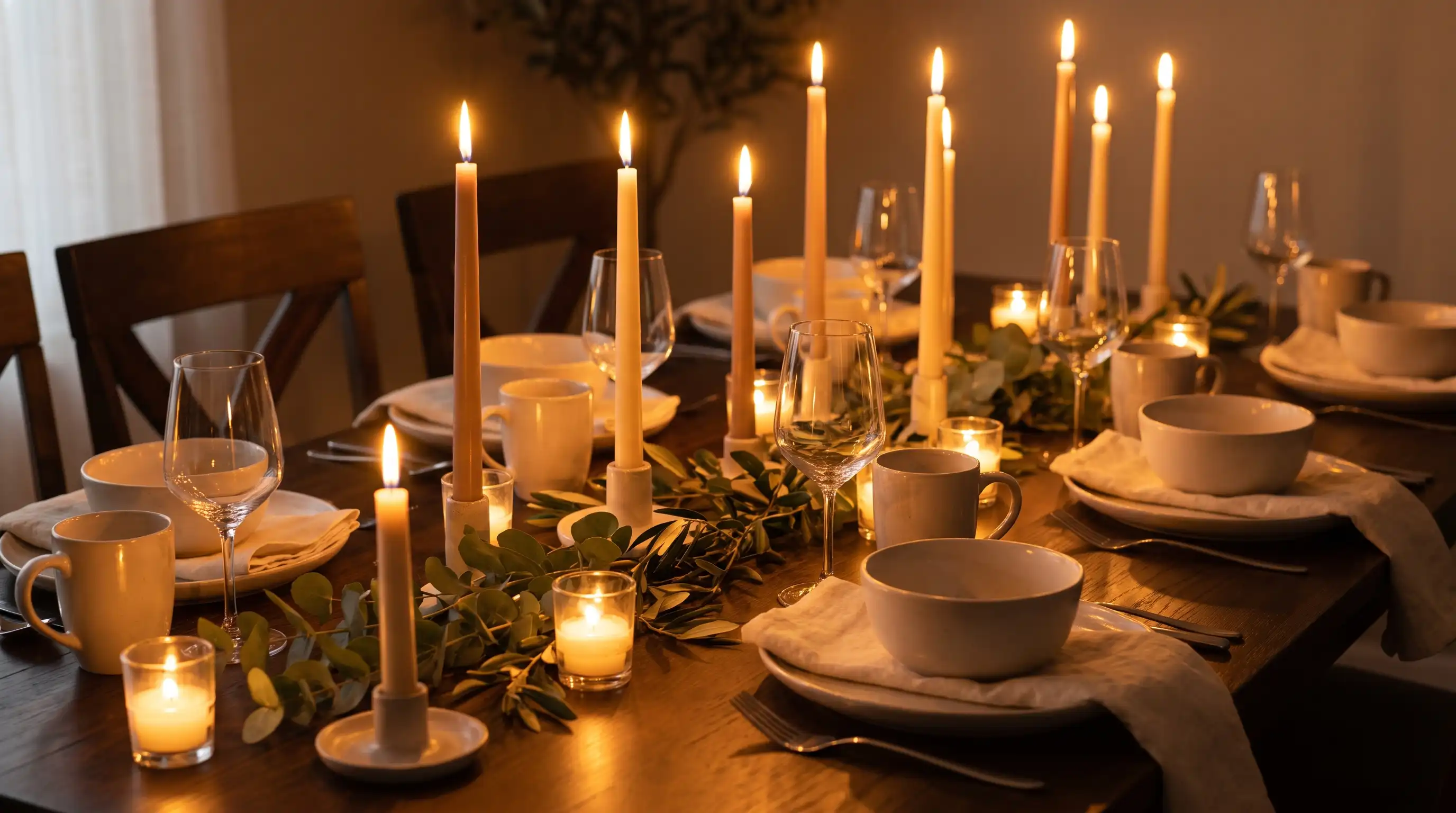 Candlelit fall table with taper candles, votives, neutral ceramics, greenery, and clear glassware