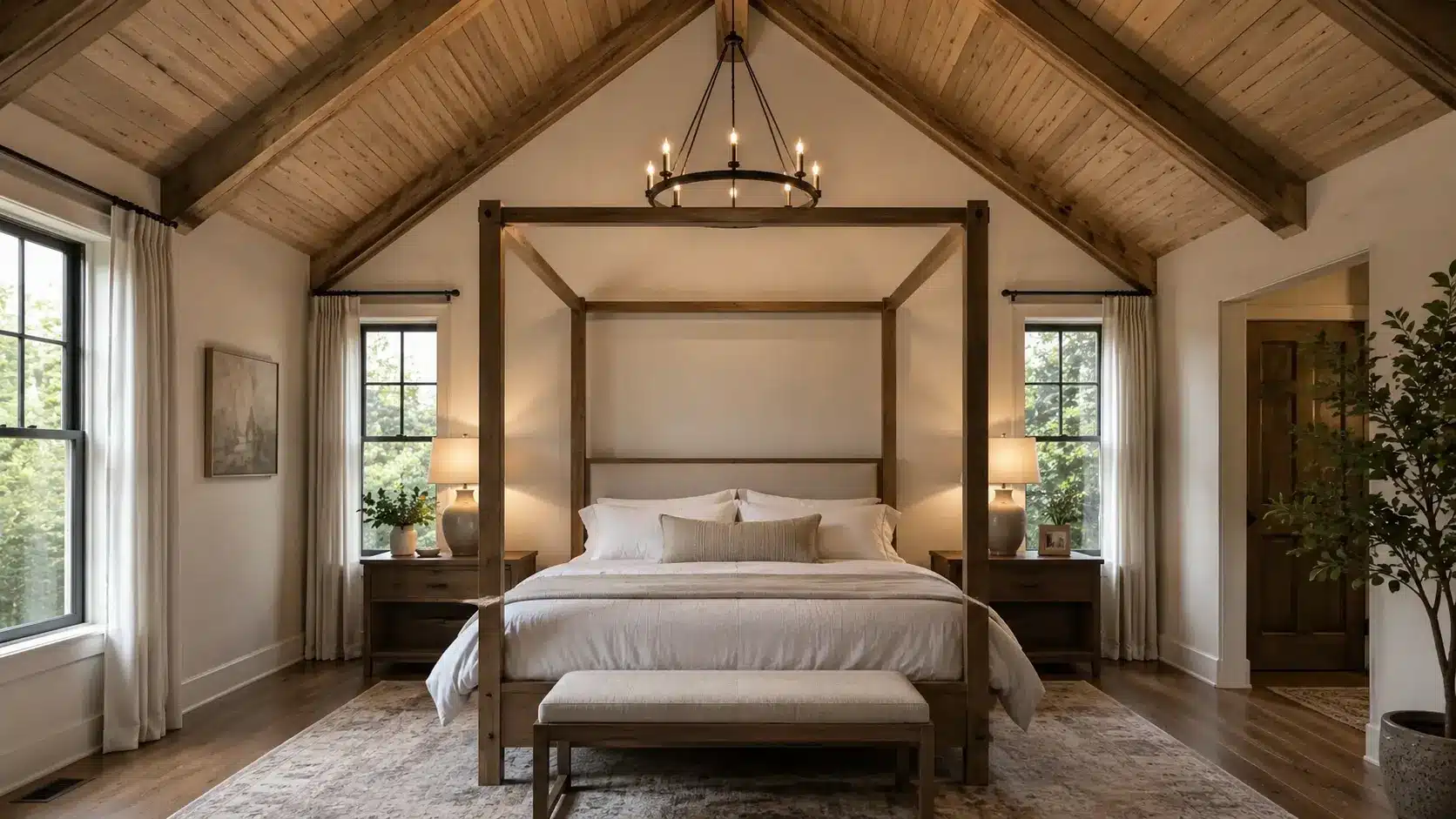 Cozy bedroom with a wooden canopy bed beneath a vaulted wood-paneled ceiling, neutral bedding, warm lamps, and large windows.