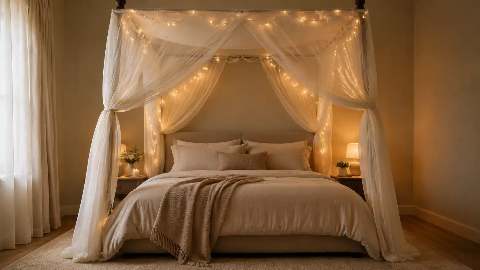 Cozy bedroom with a draped canopy bed, sheer fabric curtains, and soft ambient lighting creating an intimate feel