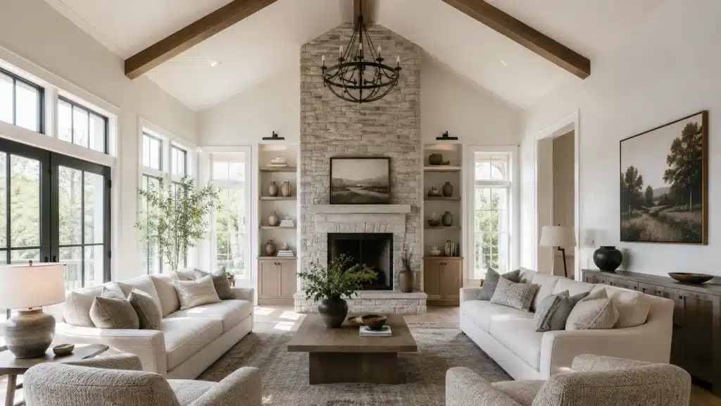 Bright modern living room with a symmetrical cathedral ceiling, exposed wood beams, large windows, and neutral furniture.
