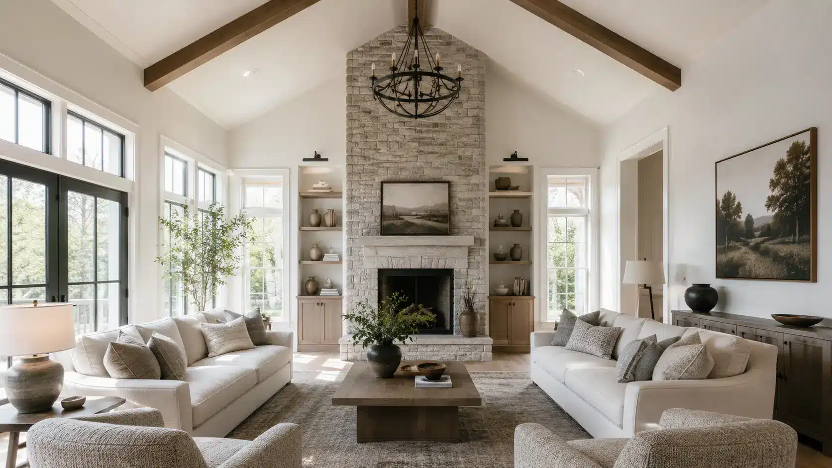 Bright modern living room with a symmetrical cathedral ceiling, exposed wood beams, large windows, and neutral furniture.