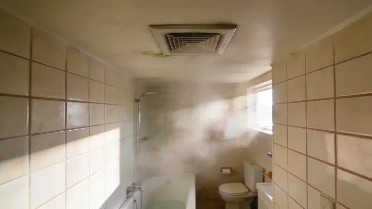 Bathroom ceiling showing mold caused by condensation and moisture buildup