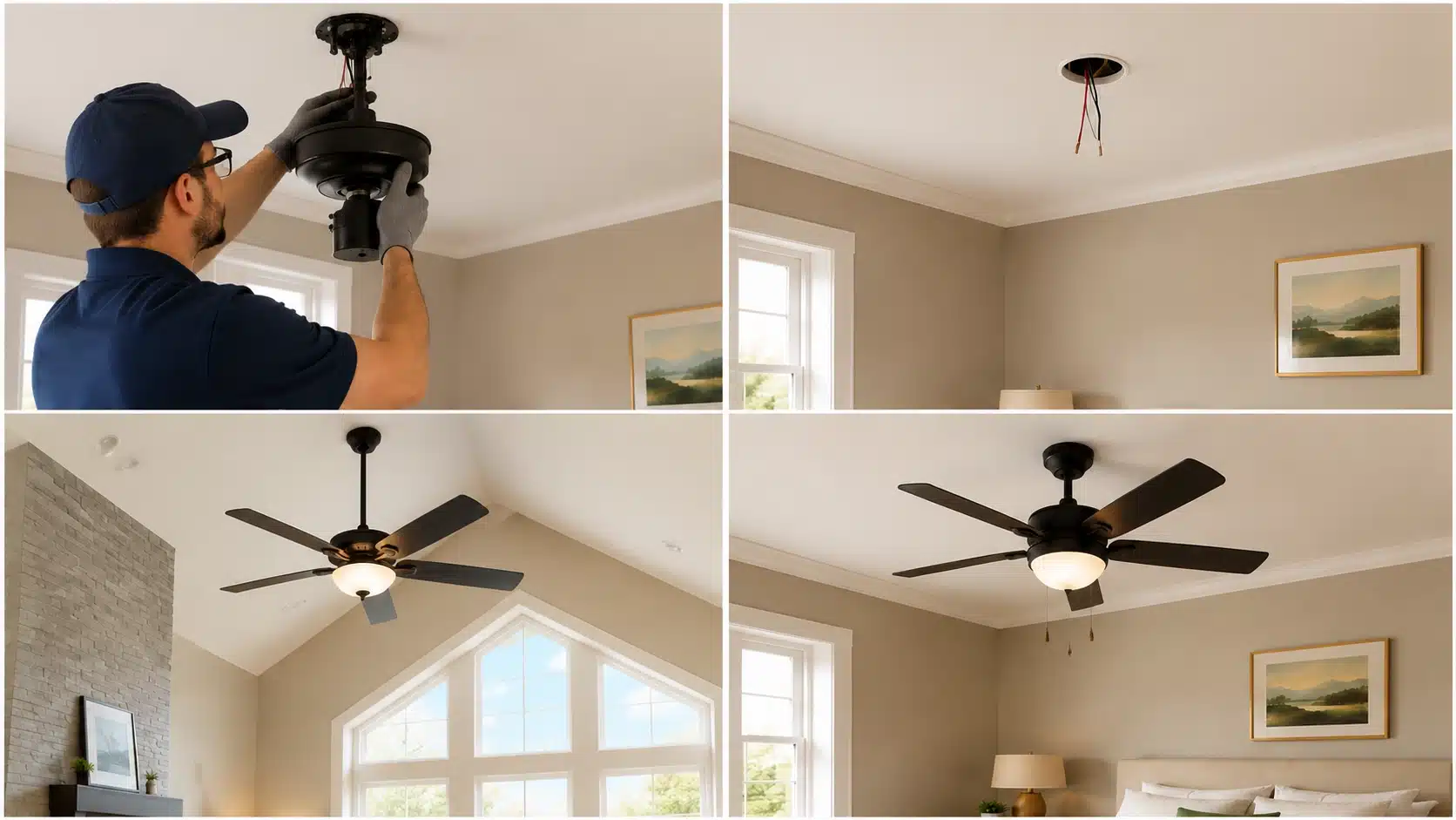 Four-panel collage showing ceiling fan installation steps from wiring and mounting to completed fan setups.