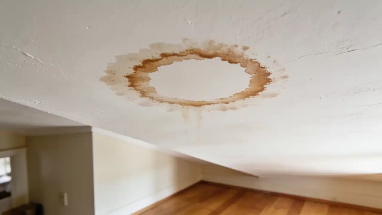 Ceiling mold and water stains caused by a hidden moisture leak