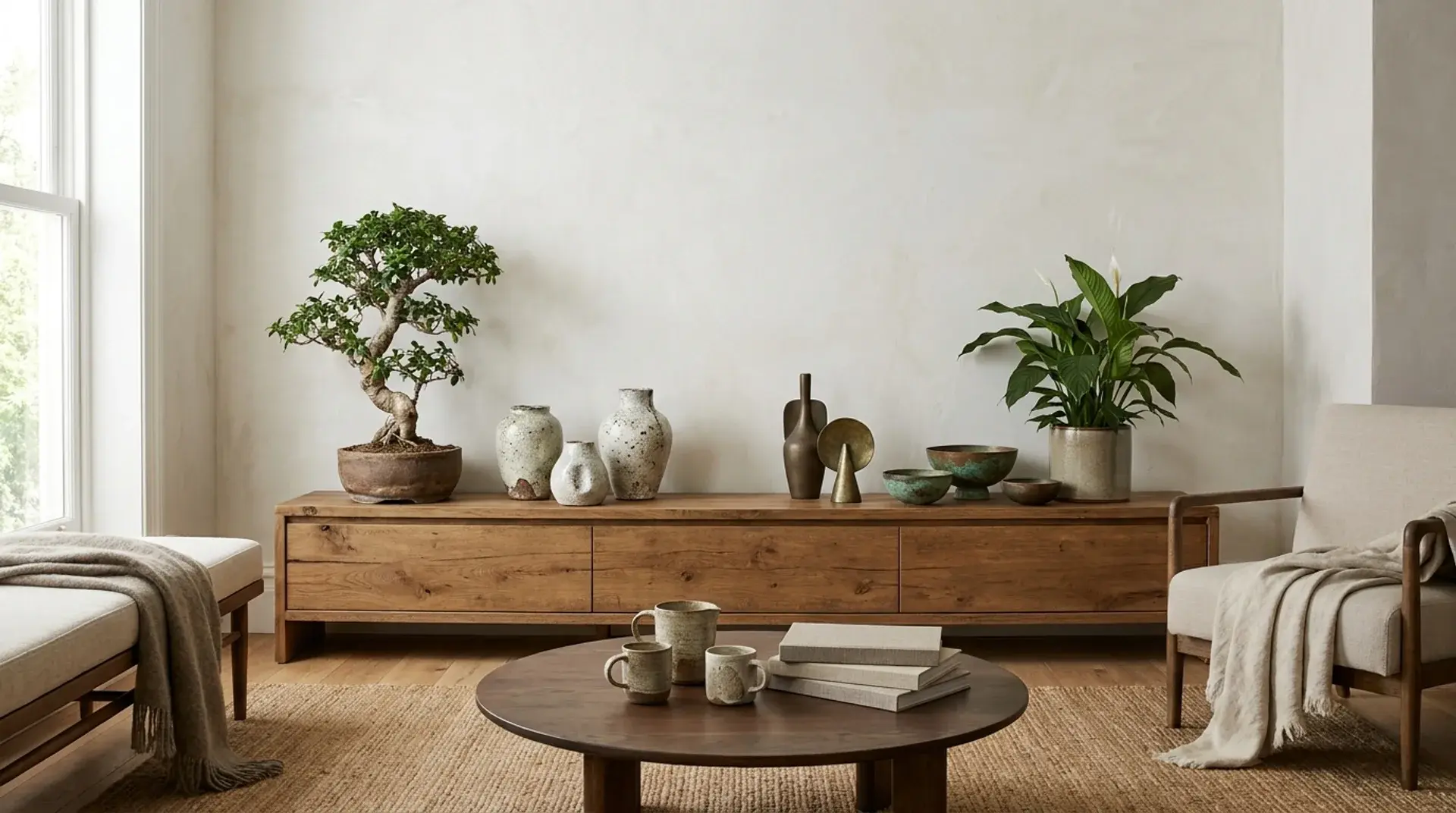 Japandi decor with handmade ceramics, aged metal accents, and greenery