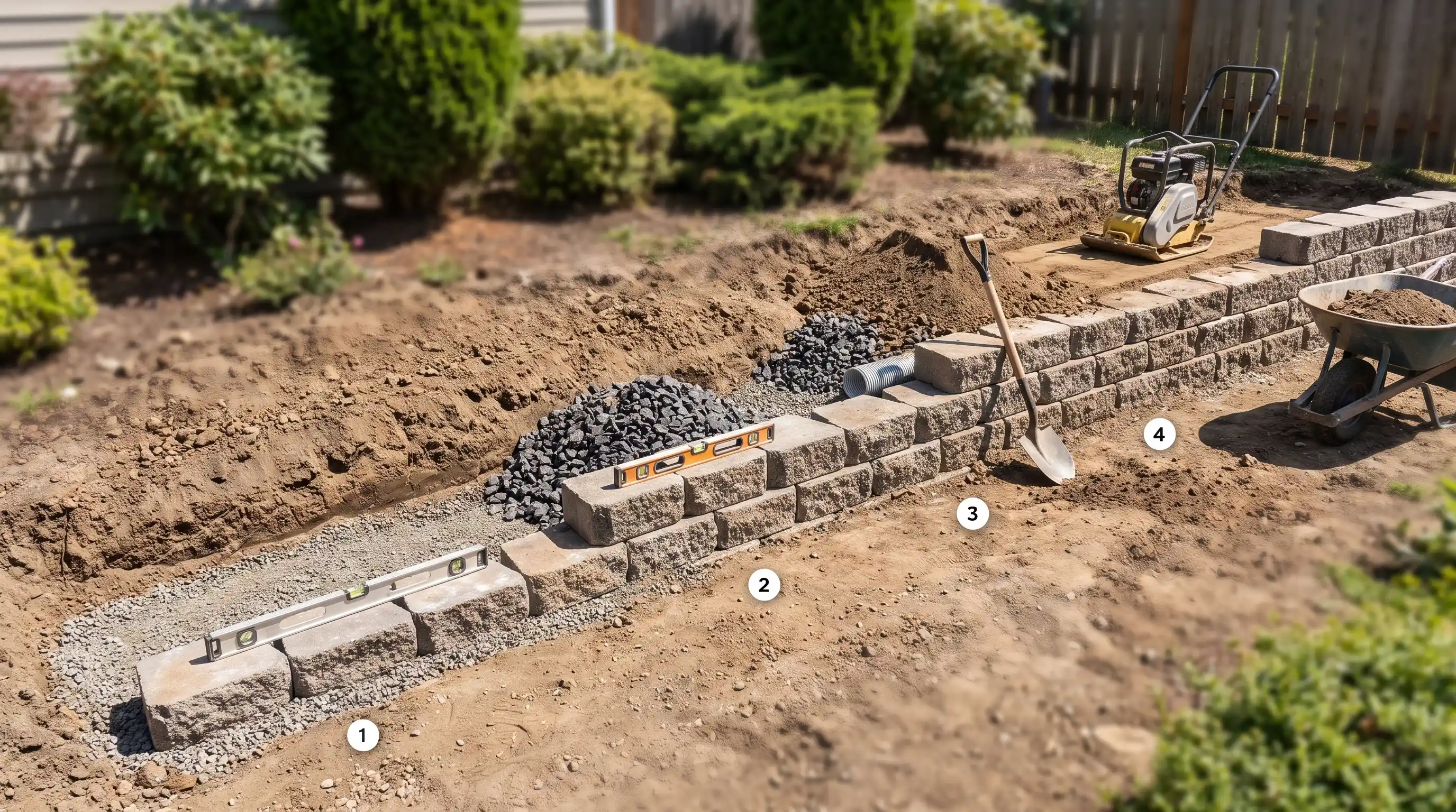 Checking retaining wall block alignment and level during construction