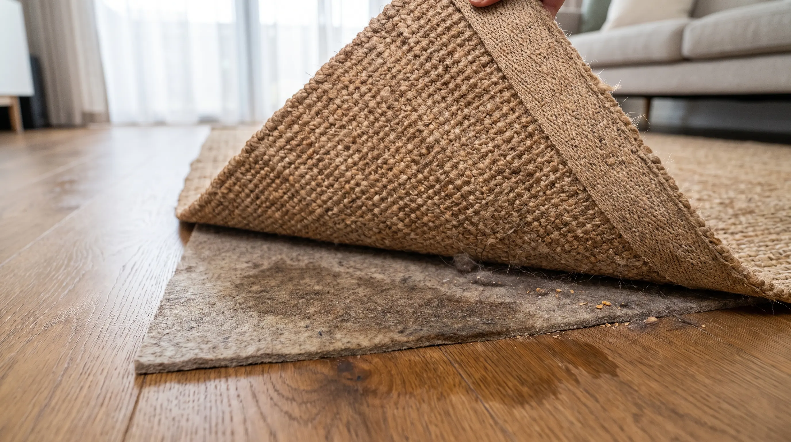 Checking rug pad and floor below while cleaning jute rug for moisture damage.